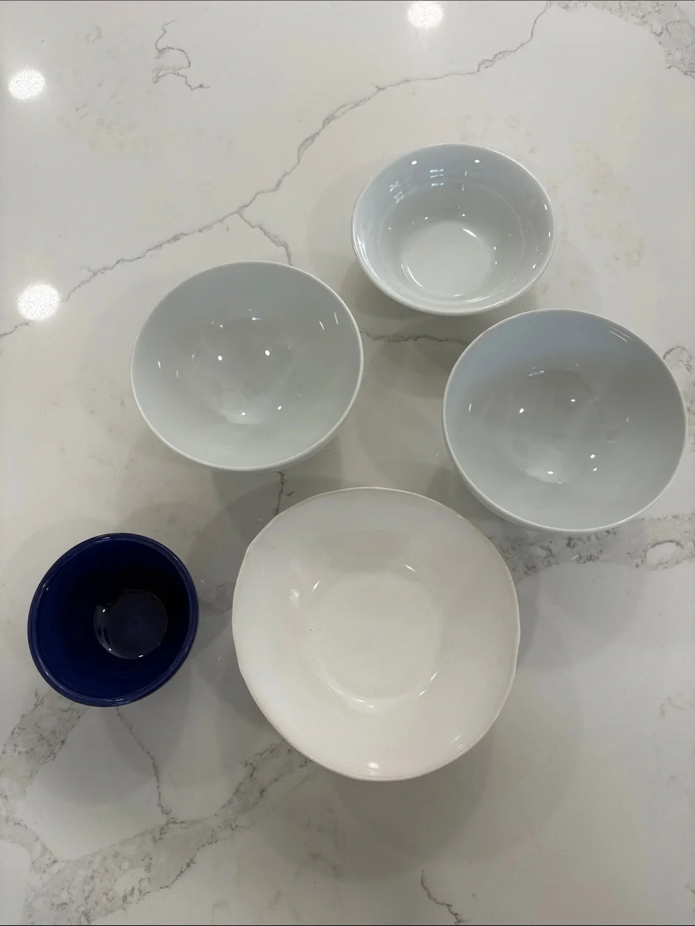 Assorted White Ceramic Bowls with Blue Accent Bowl - Lot of 5